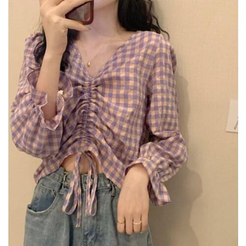 2021 plaid V collar rope long-sleeved top women Korean version of the new thin shirt loose shirt