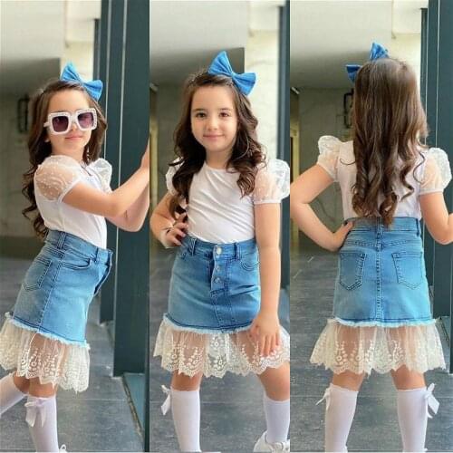1-6Y Kids Baby Girls Summer Clothes Sets Children Puff Sleeve Shirts + Lace Stitching Denim Skirt Fashion Girls Dress Outfits