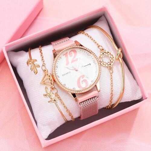5pcs Set Fashion Luxury Watch For Women Arabic Numerals Unique Dial Ladies Wrist Watches Bracelet Female Pink Clock Reloj Mujer