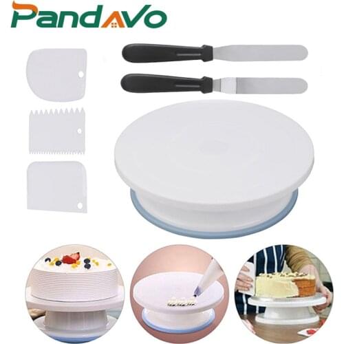 6Pcs/set Turntable Cake Decoration Accessories Set Rotating Cake Stand Tools Plastic Aluminum Pastry Spatula Scraper Baking Tool