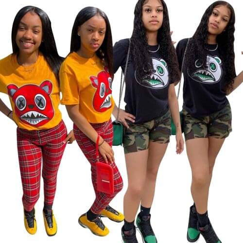 Urban Casual Cartoon Stickers Sports T-shirt Womens T-shirt Fashion All-match Collocation Casual Pants Skirt All Can Streetwear