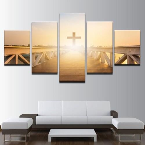 HD Prints Paintings Art Canvas Living Room Decor 5 Pieces Sunrise Christ Cross Poster Long Bridge Landscape Framework
