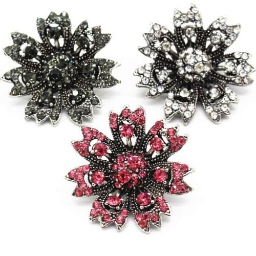 Mixs 6pcs/lot 3 Colors Hollow Out Flower Crystal Snap Buttons Full Rhinestone Snap Charms Fit 18mm Snap Bracelet DIY Jewelry