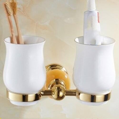European Bathroom Accessories Golden Ceramic Toothbrush Holder Set Couple Double Cup Holder Bathroom Glass Toothbrush Mug Set
