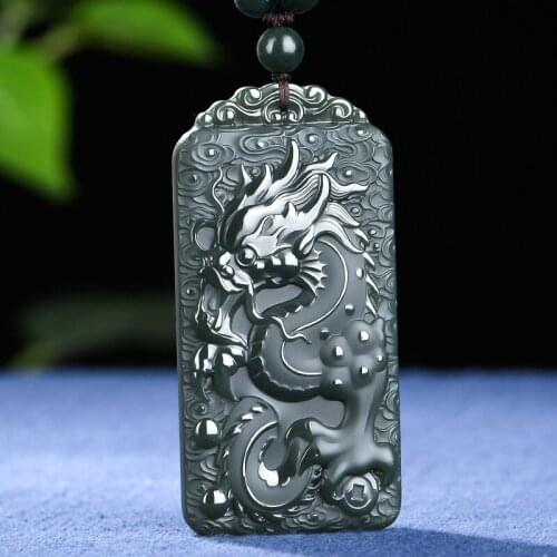 Natural jade A hetian jade double handcarved jade dragon black green jade pendant for lovers jade necklace jadeite jade jewelry
