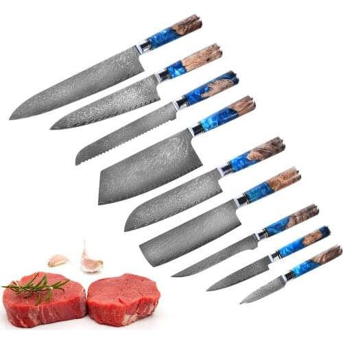 Damascus Chef Knife VG10 Steel Knife Set Blue Resin Handle Japanese Knives Set Damascus Steel Boning Slicer Meat Cleaver