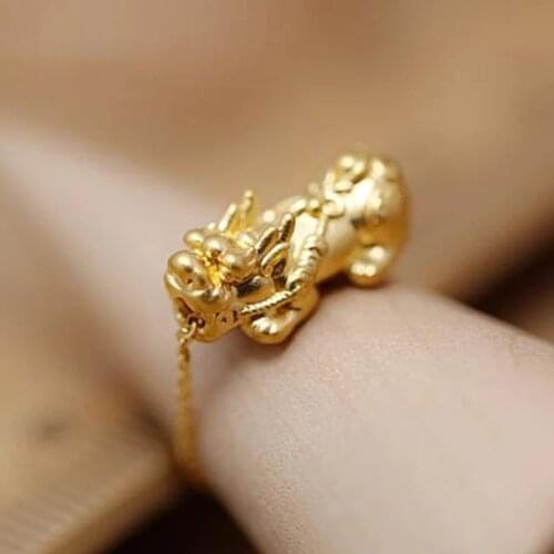 Pure Solid 24k Yellow Gold Ring Women 3D Luck Pixiu + O Chain Soft Ring US6-8