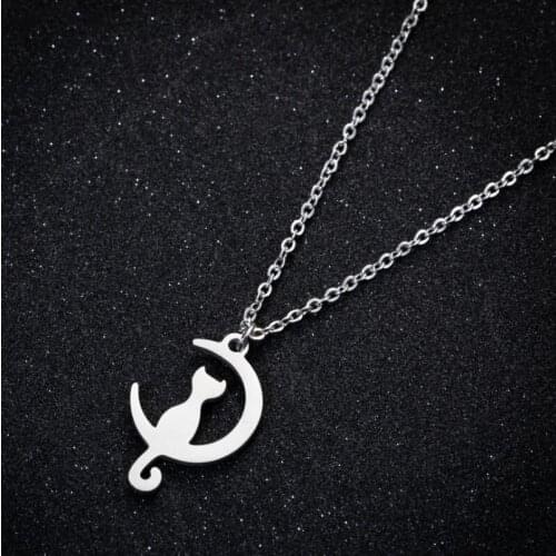Sasusp Silver Color Moon cat Tassel Necklaces Temperament Crescent Clavicle Chain Necklaces Jewelry Women Gifts