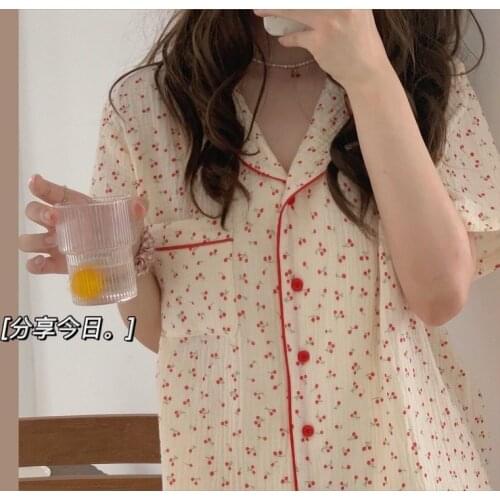 Womens Pajamas Summer Cotton Sleepwear Korean Girls Cute Print Pyjama Loose Lapel Pijamas Plus Size 2Piece Set Kawaii Home Suit