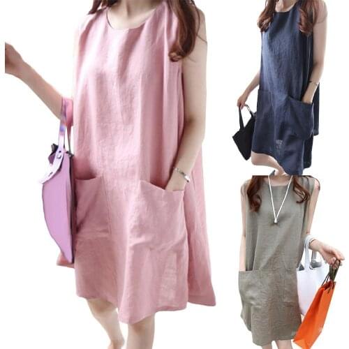 New Summer Women Solid Color Cotton Linen Sleeveless A-Line Mini Dress with Pockets