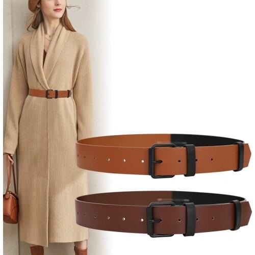 NEW Real Cowskin Patchwork Belts Woman Hot Black Pin Buckle Waist Strap Fashion Wide Soft Genuine Leather Waistbands Dress Lady