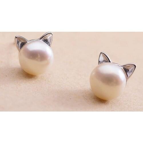 Daisies Pure 925 Sterling Silver Imitation Pearl Cat Stud Earrings Statement Jewelry For Women Girl Pendientes Plata Brincos