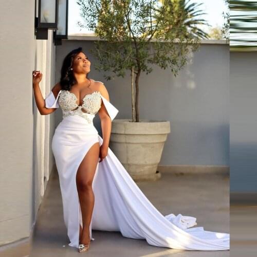 Sexy Sheer Neck Prom Dresses High Side Split Beads Appliques Mermaid Evening Dress For Black Girls Aso Ebi Party Vestidos