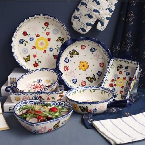 Nordic Painted Ceramic Rectangular Cheese Binaural Baking Pan Simple Home Multi-size Plant Sushi Main Dish Ramen Dessert Plate