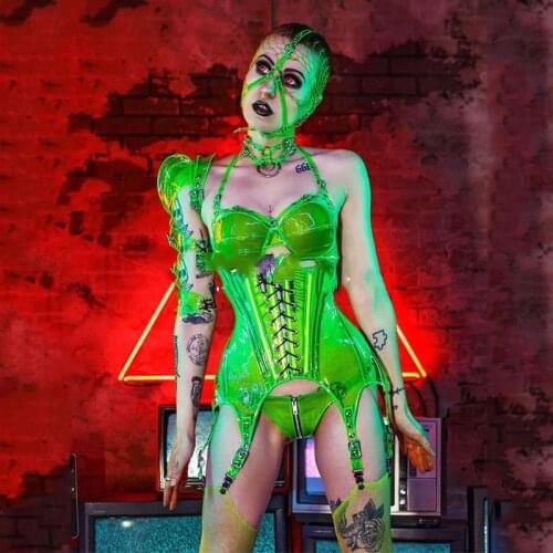 Sexy Transparent Corset Armor Technology Fluorescent Green Bikini Women Party Wear Nightclub Pole Stage Dance Costumes XS1162