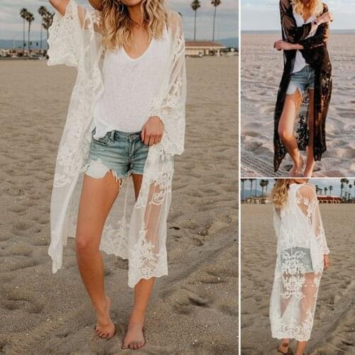 Womens Sunscreen Shirt Beach Vacation Long Loose Bikini Gauze Lace Shirt One Size