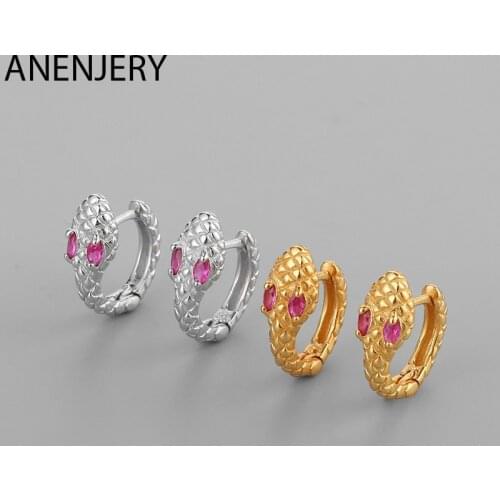 ANENJERY 925 Sterling Silver Colorful Eyes Snake Small Hoop Earrings For Women Men personality jewelry S-E1453