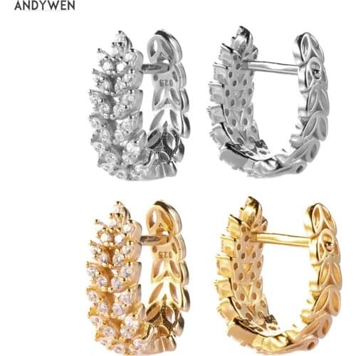ANDYWEN 925 Sterling Silver Leaves Crystal CZ Hoops Women Luxury Hoops Rock Punk Wedding Large Face Fashion European Earring
