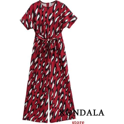 KONDALA Women Red Jumpsuit Za Fashion 2021 O-Neck Ditsy Floral Printed Elegant Lace Waist Rompers Female Bodycon Bodysuit