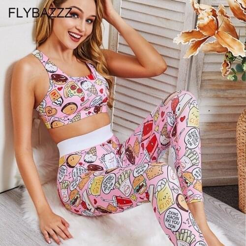 2019 Women Cartoon Print Yoga Set Gym Clothing Fitness Tracksuit Mujer Sport Suits Womens Sports Suit Gym woman Slim Sportswear