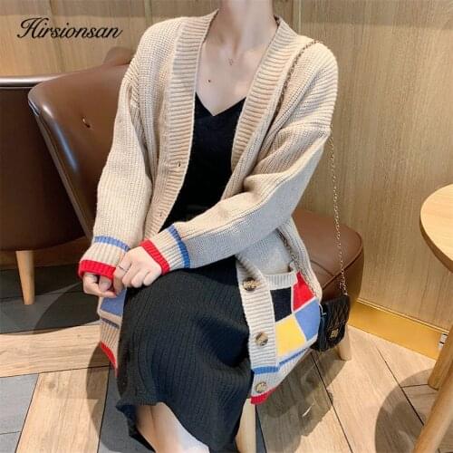 Hirsionsan Splice Sweater Women V-neck Knitted Cardigan Thicken Pocket Button Autumn Winter Stretch Casual Warm Soft Female Tops
