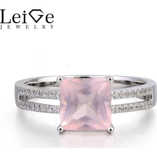Leige Jewelry Wedding Ring Genuine Natural Pink Quartz Ring Square Cut Pink Gemstone 925 Sterling Silver Ring Gifts for Women