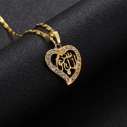 LOVE Classic Arabic Muslim Jewelry Wholesale Gold Color Crystal Hollow Heart Shape Allah Pendants Necklaces For Women gift