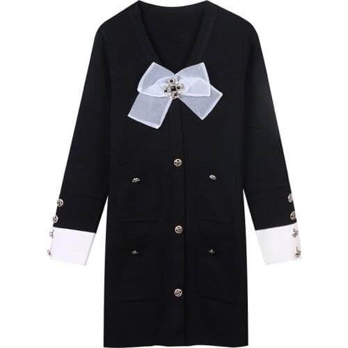 Luxury Slim Midi Black Knit Dress Women Elegant Long Sleeve V-Neck Bowknot Beaded Diamonds Big Bow Party Clothing 2021 Brand New