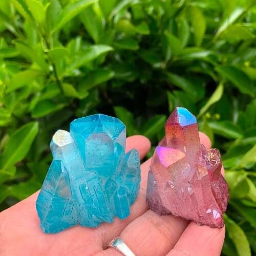 2pcs Beautiful Aura Crystal Cluster Angel Aura Titanium Quartz Crystal Specimen Minerals Reiki Healing Chakra