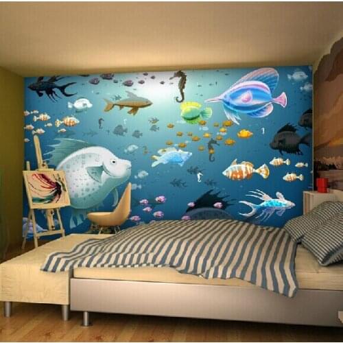 3d Papel de parede Sea World 3d Cartoon murals Fish 3d wall photo Mural Wallpaper for baby Kids room 3d wall fresco