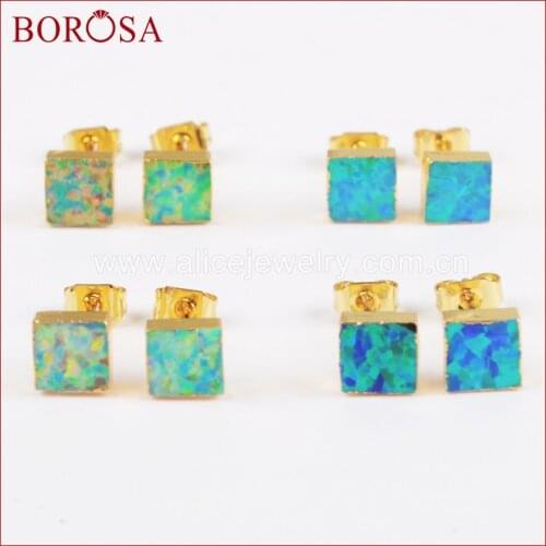 BOROSA New Arrival Gold Color Square Shape White and Blue Japanese Opal Stud Earrings Gems Earring for Women Druzy Jewelry G1425