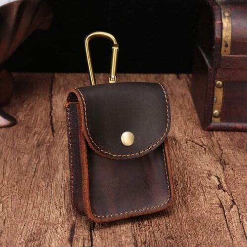 Retro Genuine Leather Lighter Cigarette Case Belt Loop Waist Packs Cowhide Wear Resistant Hook Keychain Belt Clip Storage Bag