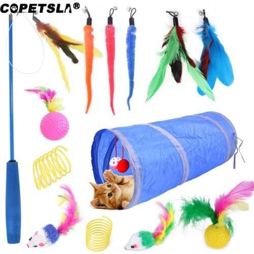 Copetsla 14Pcs Cat Toys Kit Blue Collapsible Tunnel Cat toy Fun Bell Feather Mice Shape Pet Kitten Cat Interactive Play Supplies