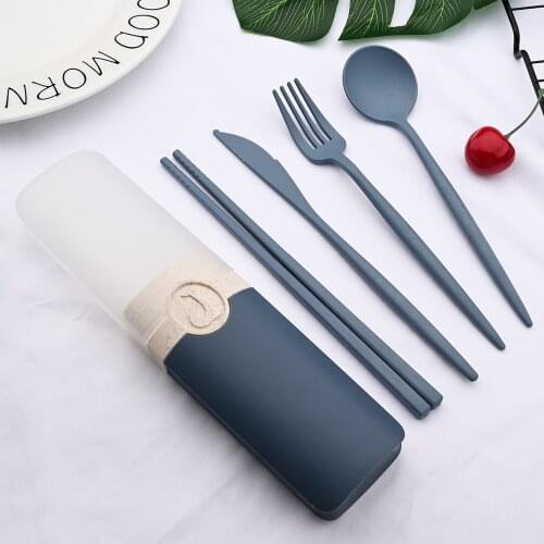 5Pcs/Set Travel Flatware Cutlery Portable Box Japan Style Wheat Straw Knife Fork Spoon Student Dinnerware Set Kitchen Tableware