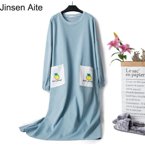 Jinsen Aite Women Causal Sleepwear Cotton Ladies Nightgown New Spring Loose Long Sleeve Large Size Nightshirt Home Clothe JS754