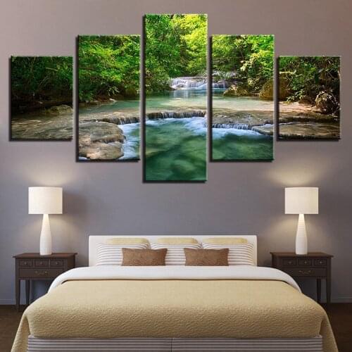 Canvas Paintings Wall Art Framework Home Decor 5 Pieces Green Forest Trees Lake Flowing Water Pictures Prints Landscape Posters
