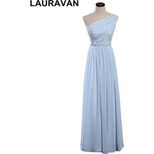 Classic a-line long sleeveless chiffon one shoulder light sky blue designing elegant bridesmaid women brides maid dress wedding