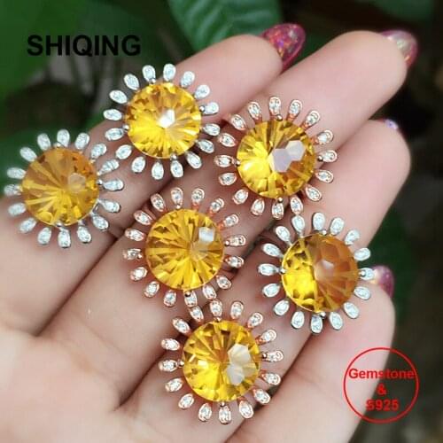 SHIQING Big real citrine gemstone sunflower ball shaped high grade stone 925 sterling silver fashion ring for engagement