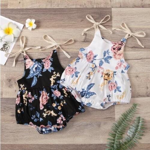 Pudcoco Newborn Baby Girl’s Casual Suspender Jumpsuits Fashion Flower Print Round Neck Bow Lace-Up Triangle Romper One-Piece