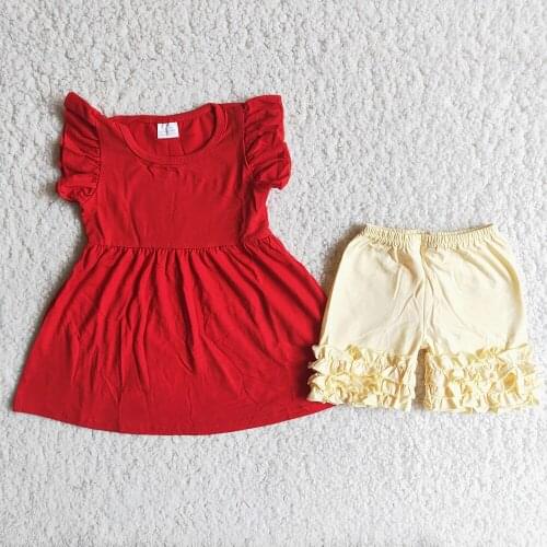 Summer Girls Two Pieces Set 100% Cotton Red Tunic Light Yellow Three Layers of Lace Shorts