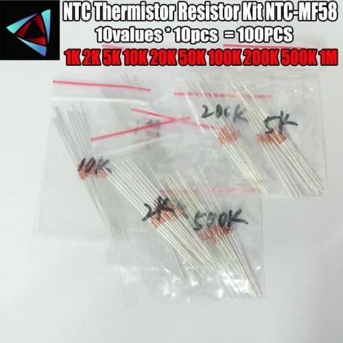 100pcs=10value*10pcs NTC Thermistor Resistor Kit NTC-MF58 1K 2K 5K 10K 20K 50K 100K 200K 500K 1M +/-5% 3950B