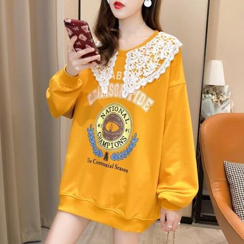 Korean Loose Long Sweatshirt Women 2020 Spring Autumn Lace Splicing Pullover Design Print Lace Sweatshirt Woman