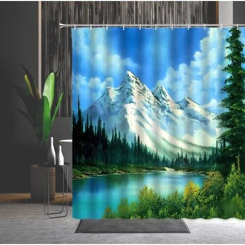 Landscape Shower Curtain Mountain Water Forest Hand-Painted Art Scenery Oil Painting Washable Bath Curtains Home Bathroom Decor