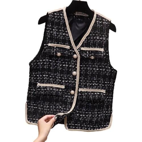 Fashion Crude Tweed Vest Women Plus Size Autumn Coat Korean Loose V-Neck Sleeveless Jacket Waistcoat Ladies Clothes Tide G662