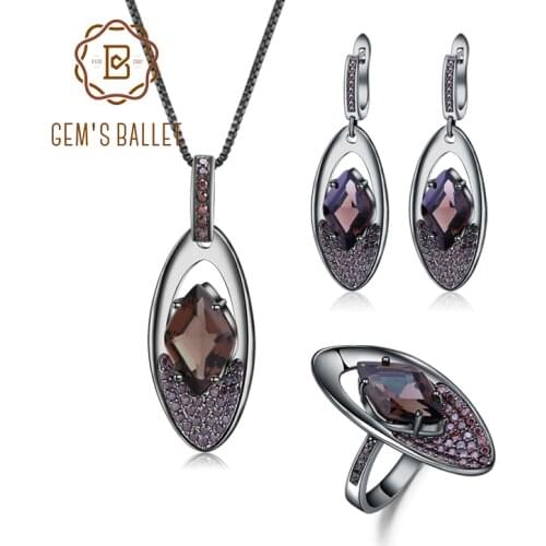 GEMS BALLET Solid 925 Sterling Silver Pendant Earrings Ring Set Natural Smoky Quartz Vintage Gothic Punk Jewelry Set For Women