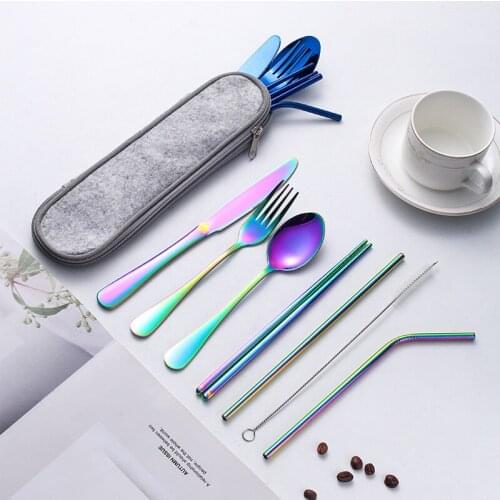 Dinnerware Set 7 Pieces Cutlery Set Stainless Steel Western Tableware Classic Dinner Set Knife Fork Straw Restaurant Dining