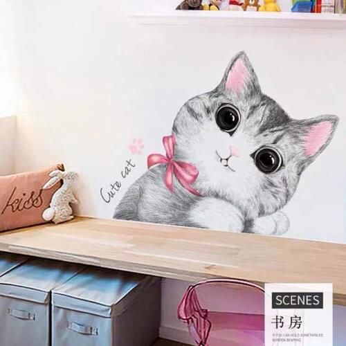 Wall Stickers Hand Painted Cute Cat Art Print Posters Eco-Friendly Vinyl Home Decor Wardrobe Wallpaper Waterproof For Bedroom