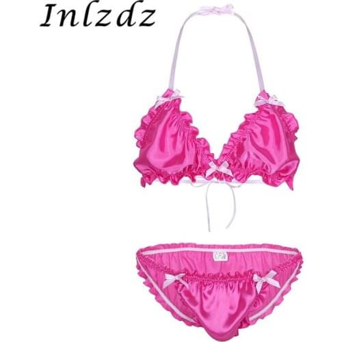 Sissy Lingerie Set Mens Bra Set Ruffled Frilly Shiny Lingerie Suit Halter Bikini Bra Top with Briefs Male Underwear Exotic Sets