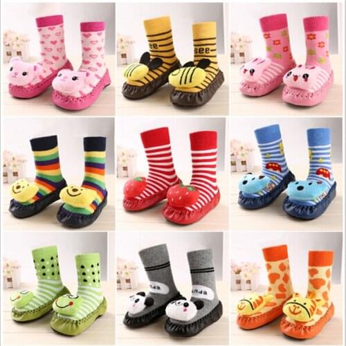Fashion Lovely Cartoon Baby Socks With Bell Infants Kids Indoor Floor Socks Leather Sole Non-Slip Thick Towel Socks