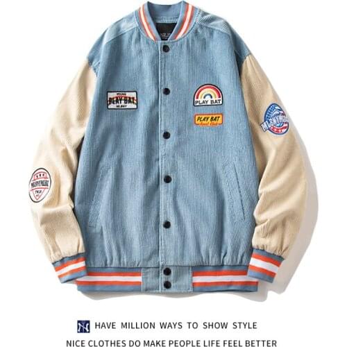 New Arrival Corduroy Patchwork EMbroid Oversize Womens Baseball Bomber Jacket Unisex Varsity Coat Streetwear Vintage Casual